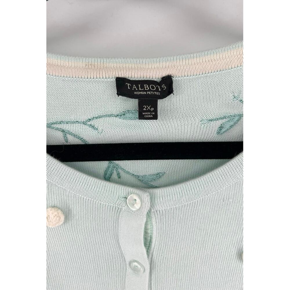 Talbots Floral Embroidered Cardigan Sweater Size 2Xp Mint Green Pom Pom Detail - Picture 3 of 12